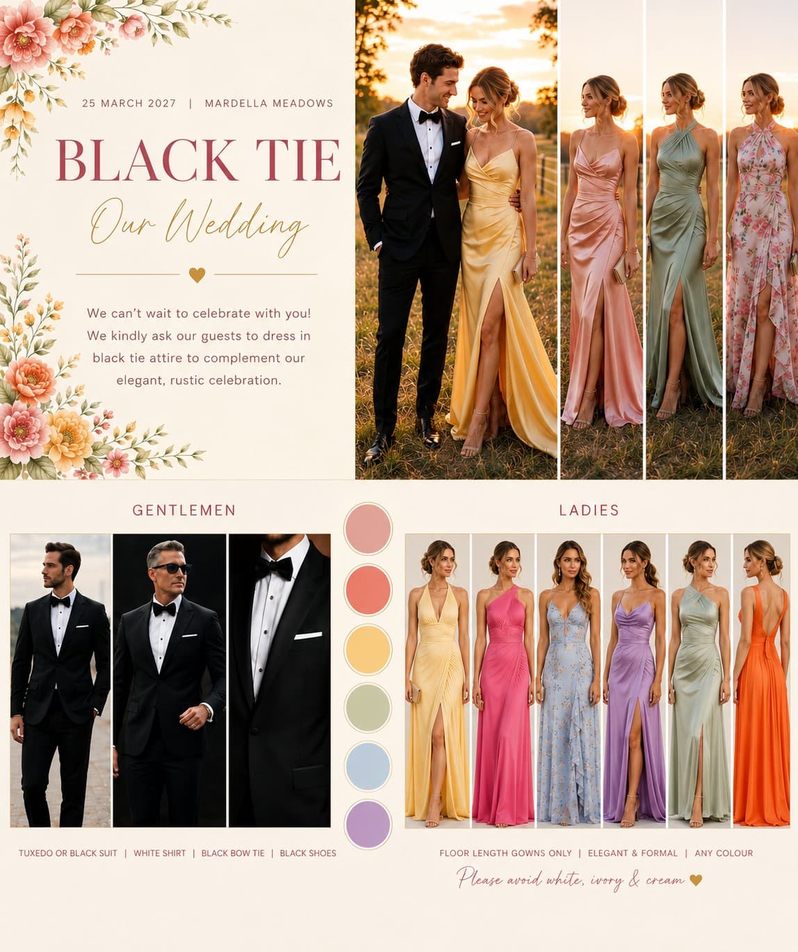 Black tie dress code mood board with colour palette and outfit inspiration